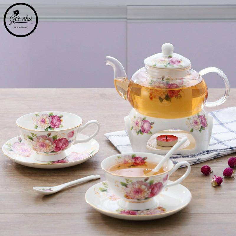 Set trà sứ hoa Rosemary đế nến - 4 tách