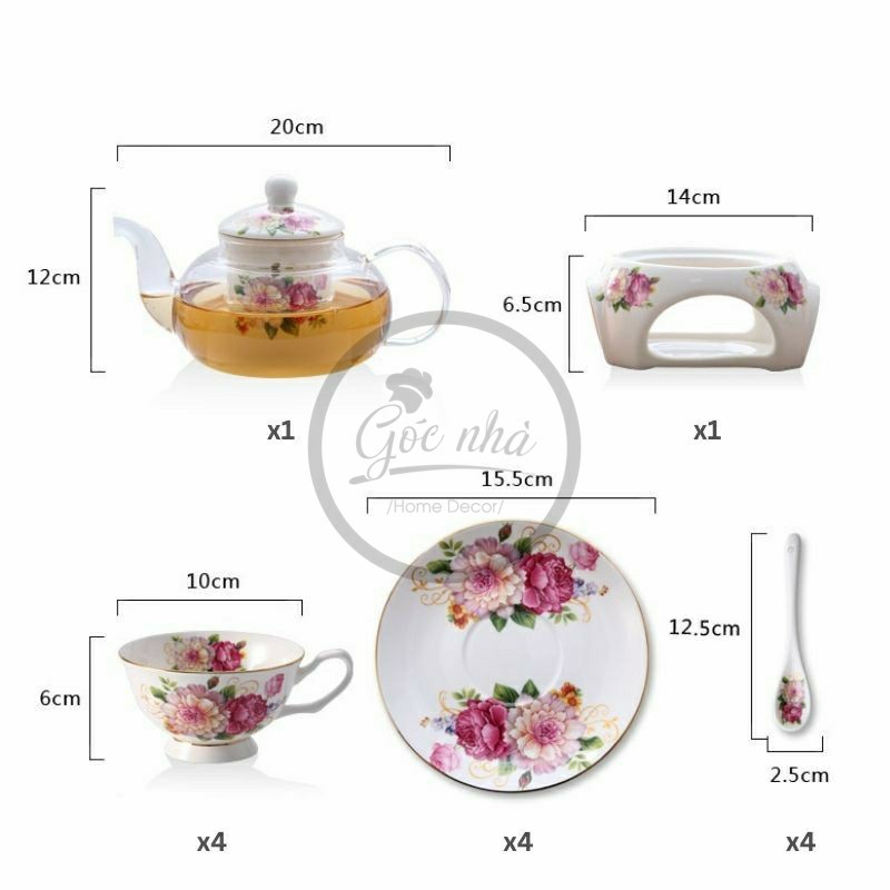 Set trà sứ hoa Rosemary đế nến - 4 tách