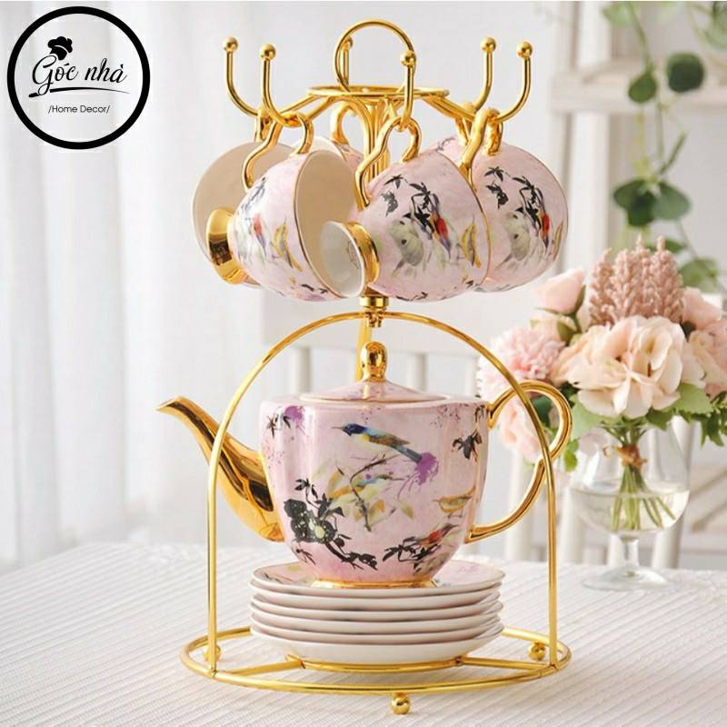 Bộ Trà Ấm Sứ Xương Chim Hồng Cao Cấp