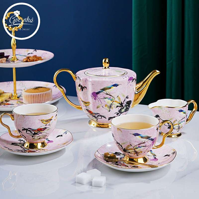 Bộ Trà Ấm Sứ Xương Chim Hồng Cao Cấp