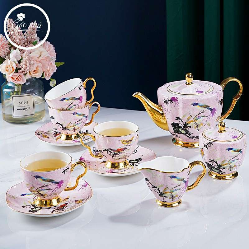 Bộ Trà Ấm Sứ Xương Chim Hồng Cao Cấp