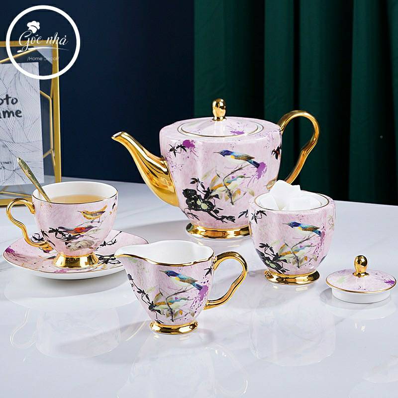 Bộ Trà Ấm Sứ Xương Chim Hồng Cao Cấp