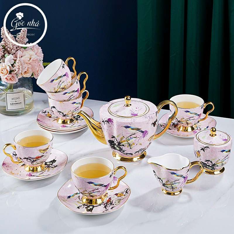 Bộ Trà Ấm Sứ Xương Chim Hồng Cao Cấp