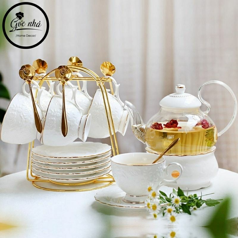 Bộ trà đế đun hoa hổng nổi