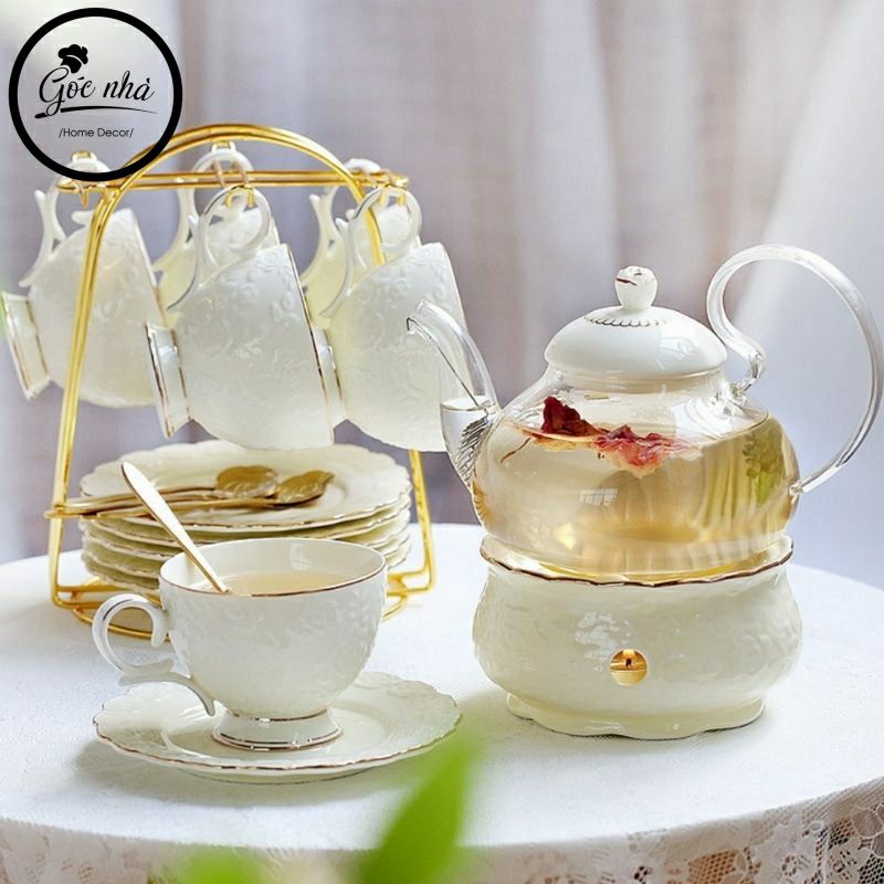 Bộ trà đế đun hoa hổng nổi