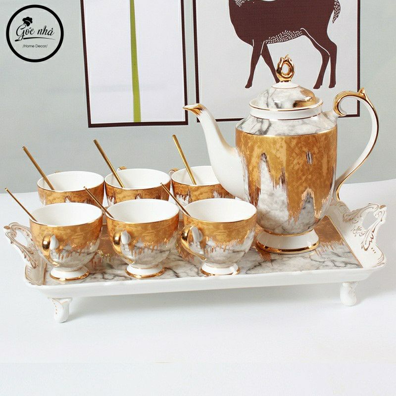 Bộ Trà Ấm Sứ Xương Vàng Kim Cao Cấp