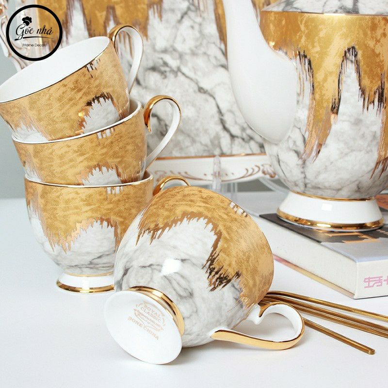 Bộ Trà Ấm Sứ Xương Vàng Kim Cao Cấp