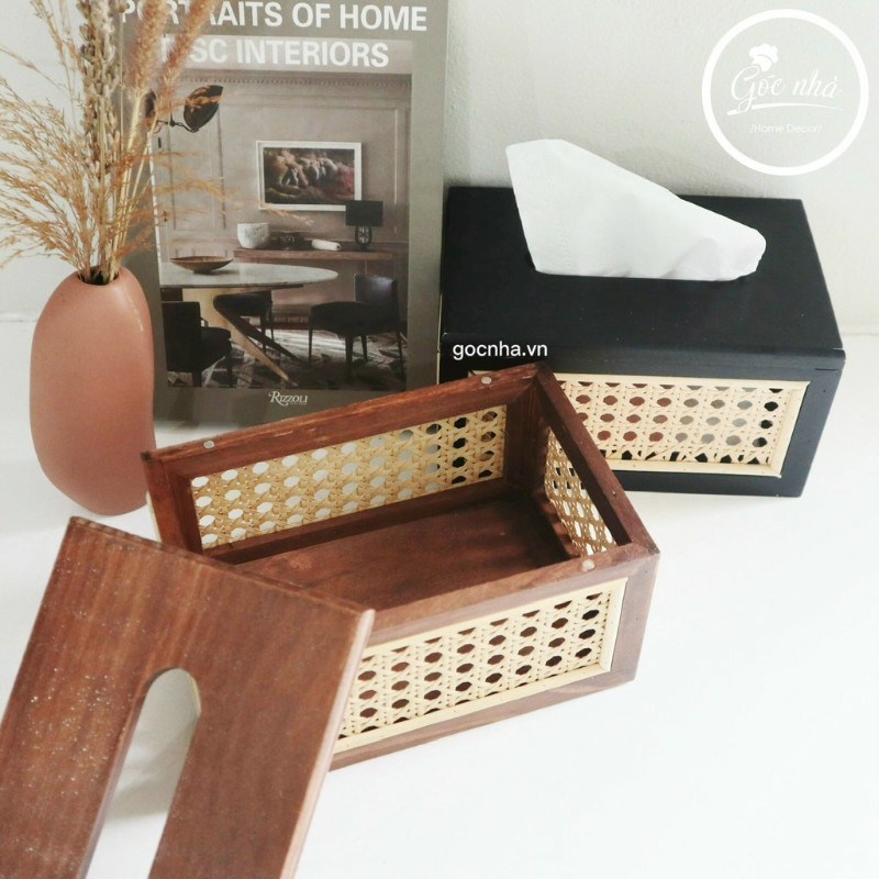 Hộp khăn giấy gỗ mây đan