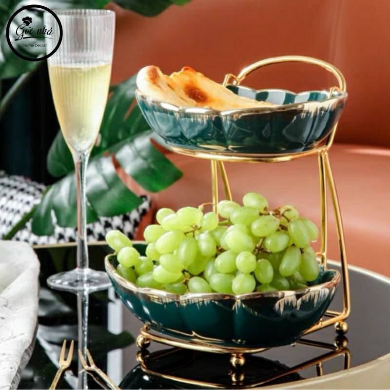 Khay Trái Cây Hoa Viền Vàng vân múi- 2 tầng