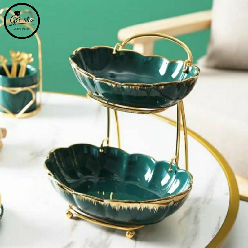 Khay Trái Cây Hoa Viền Vàng vân múi- 2 tầng