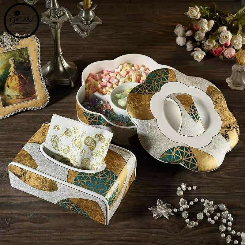 Hộp khăn giấy sứ xương vàng kim cao cấp