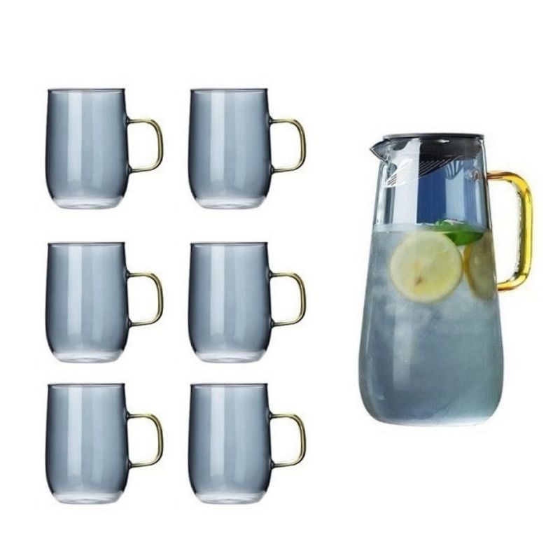 Set Bình Và Ly Thủy Tinh Xám Khói Quai Vàng