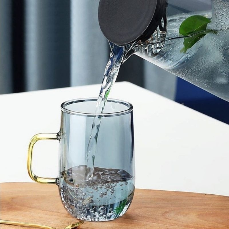 Set Bình Và Ly Thủy Tinh Xám Khói Quai Vàng