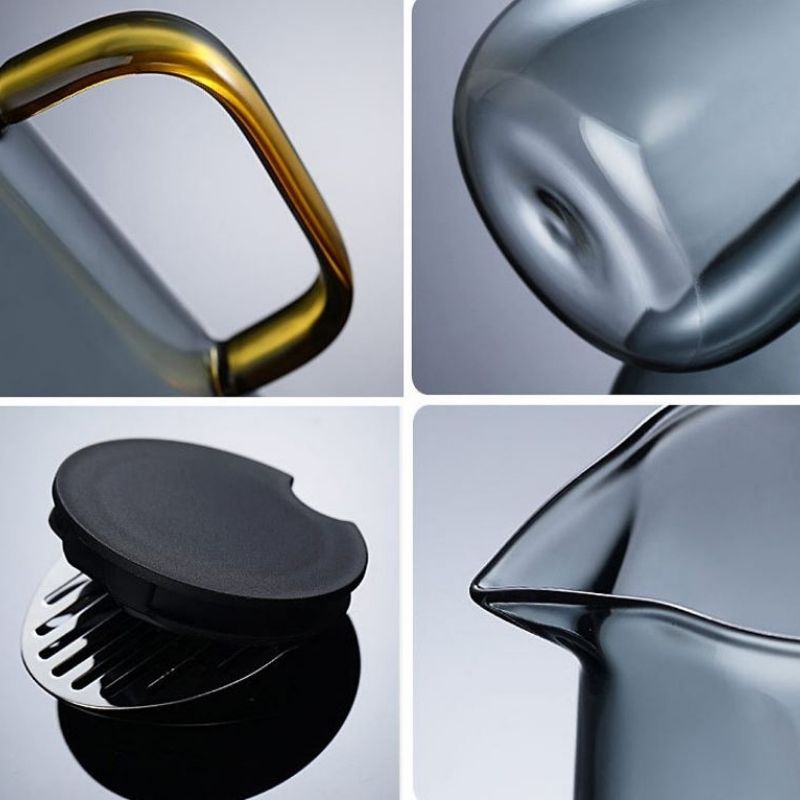 Set Bình Và Ly Thủy Tinh Xám Khói Quai Vàng