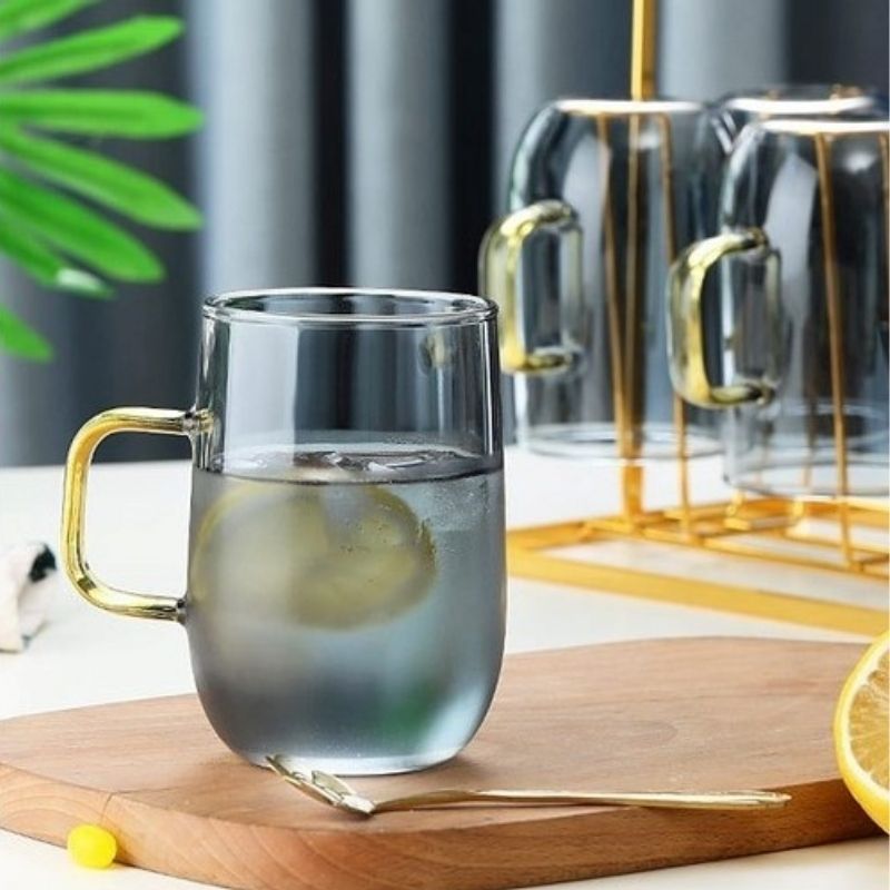 Set Bình Và Ly Thủy Tinh Xám Khói Quai Vàng