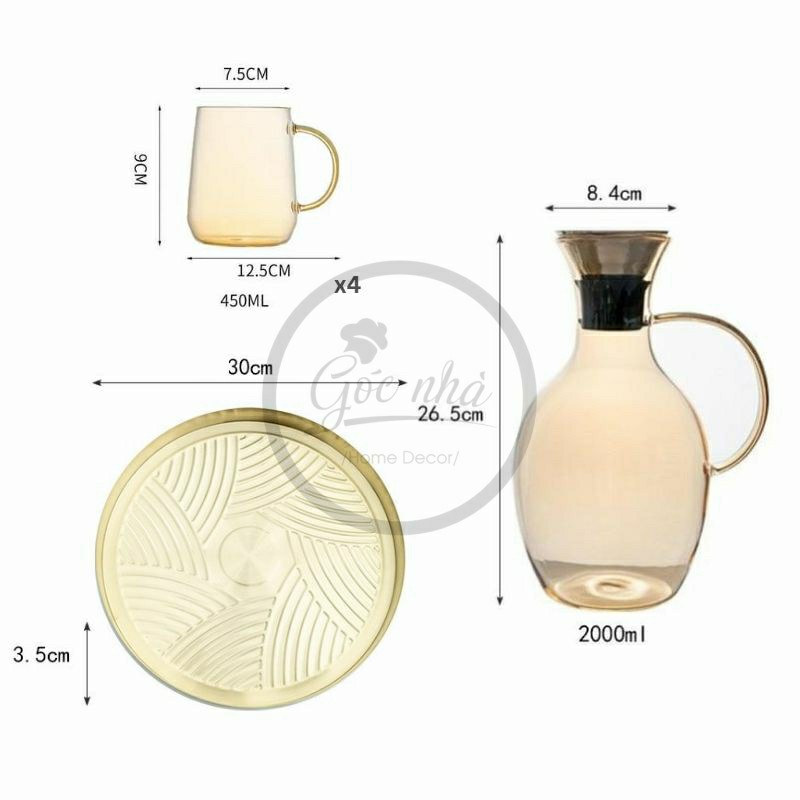 Set bình thủy tinh dáng bầu 4 ly khay tròn