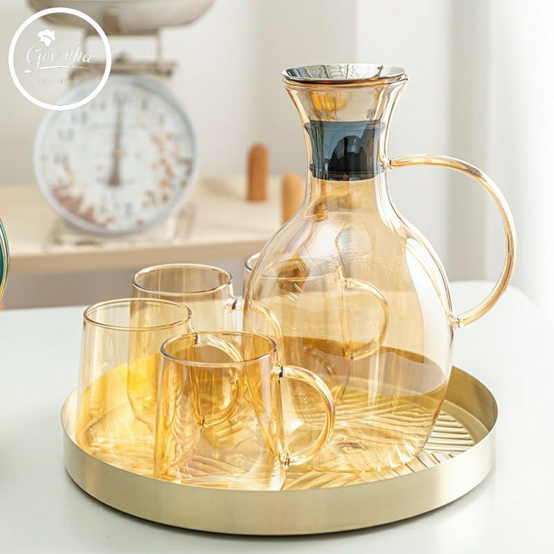 Set bình thủy tinh dáng bầu 4 ly khay tròn