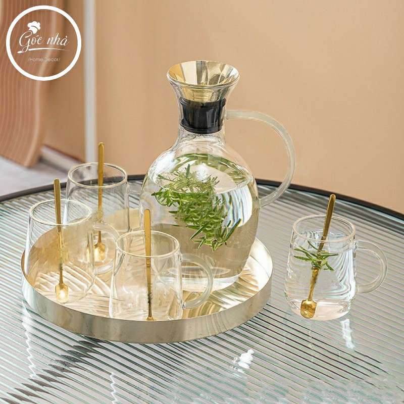 Set bình thủy tinh dáng bầu 4 ly khay tròn