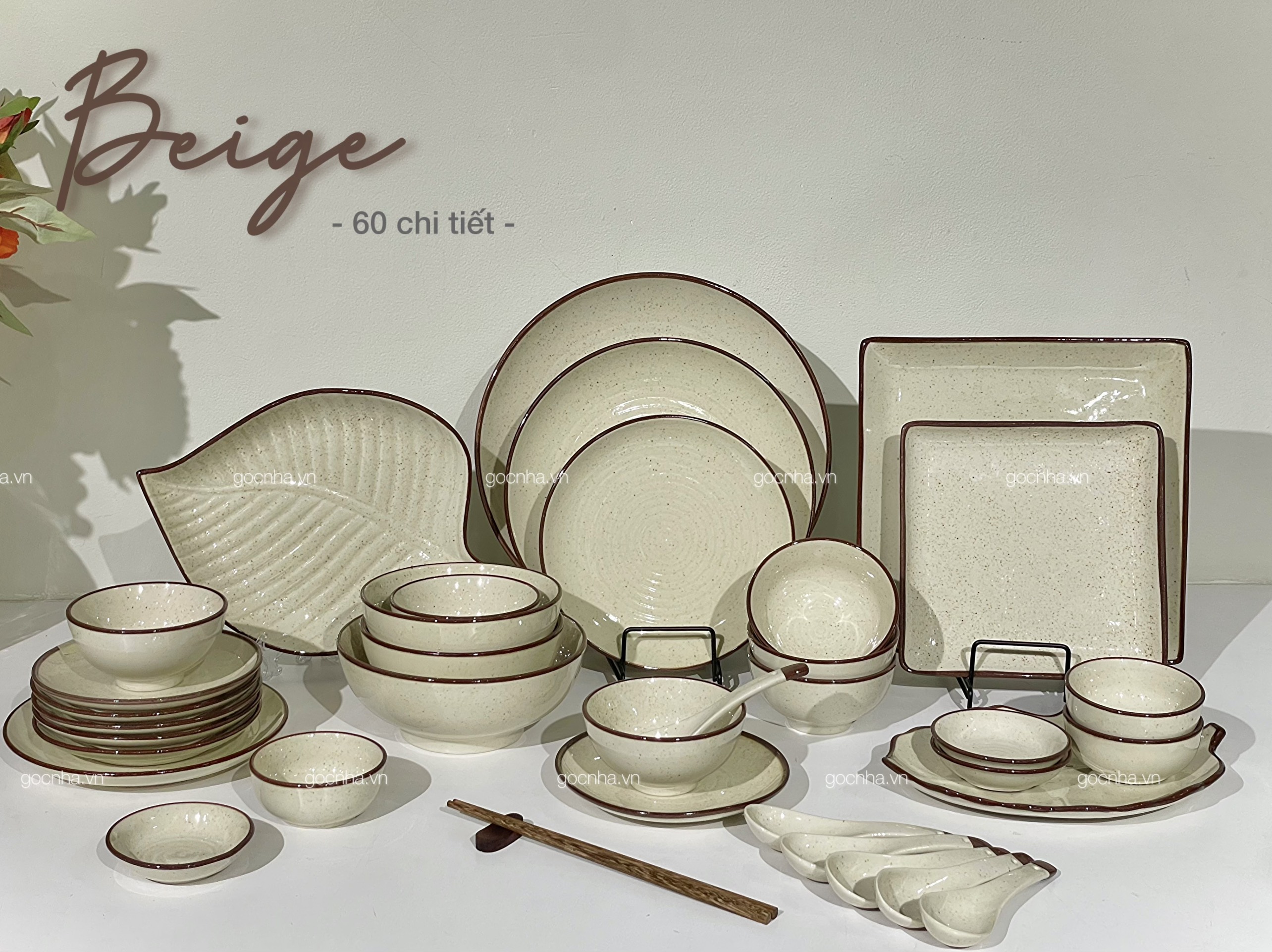 Set chén bát men tiêu Simple Beige 60 món