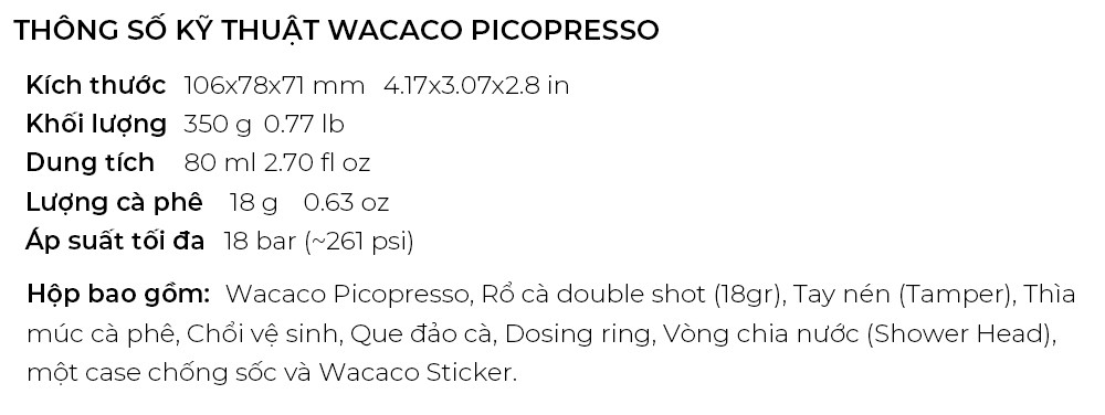 Thông số kỹ thuật Wacaco Picopresso