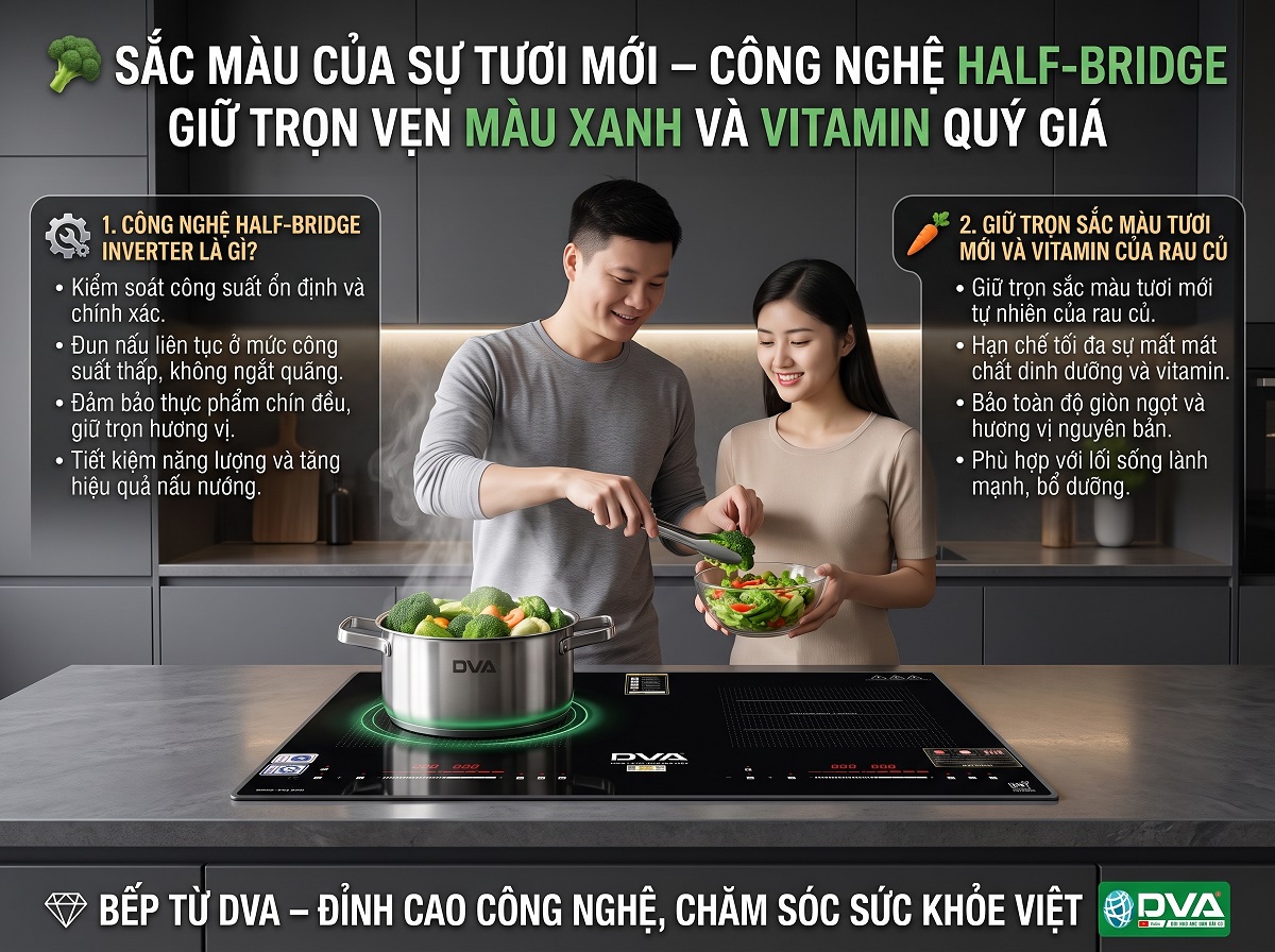 Bếp Từ DVA: Công Nghệ Half-Bridge Giữ Trọn Sắc Xanh Và Vitamin Trong Từng Món Ăn  Một bữa ăn ngon không chỉ cần chuẩn vị mà còn phải đảm bảo trọn vẹn dinh dưỡng cho cả gia