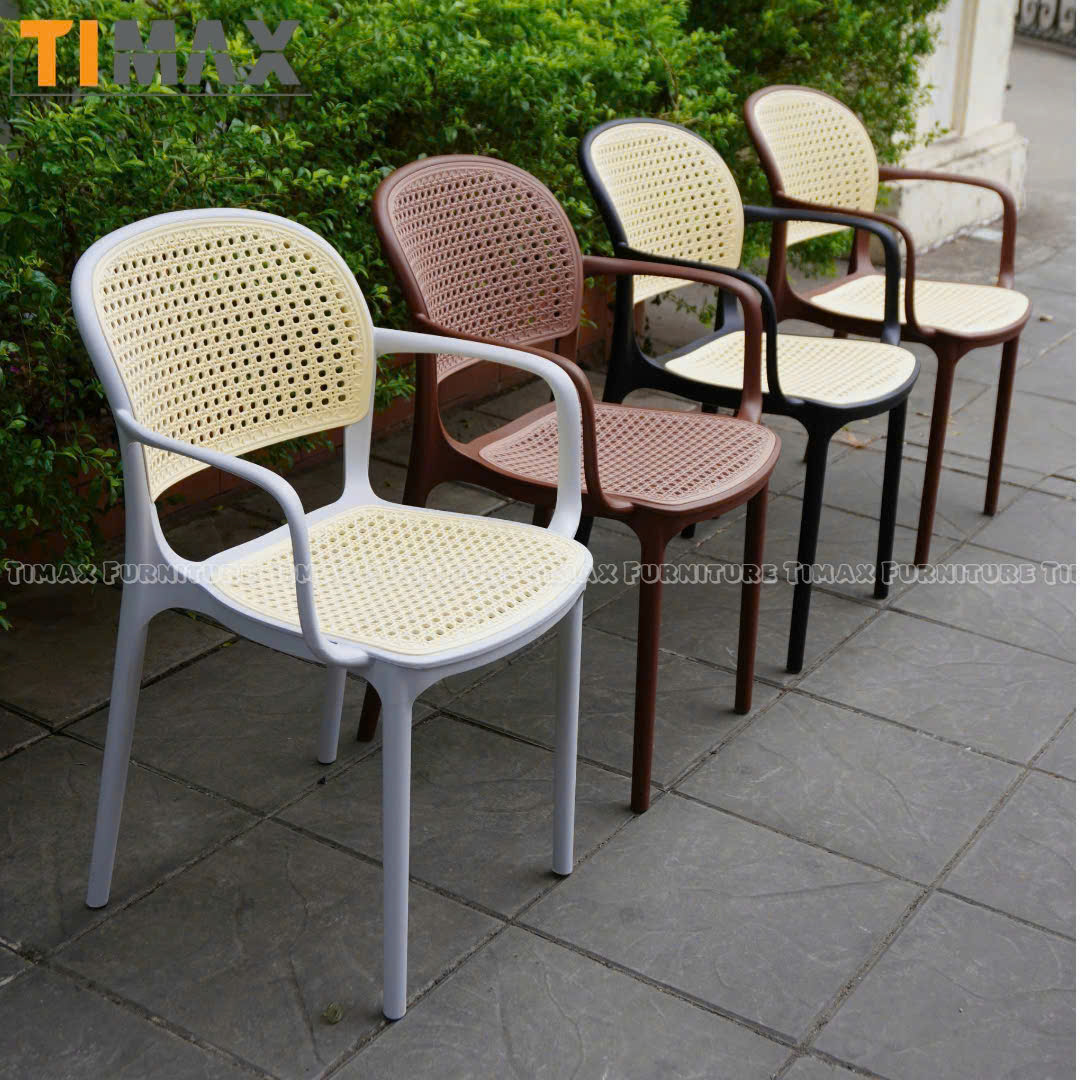 Ghế nhựa đúc lưới giả mây có tay vịn