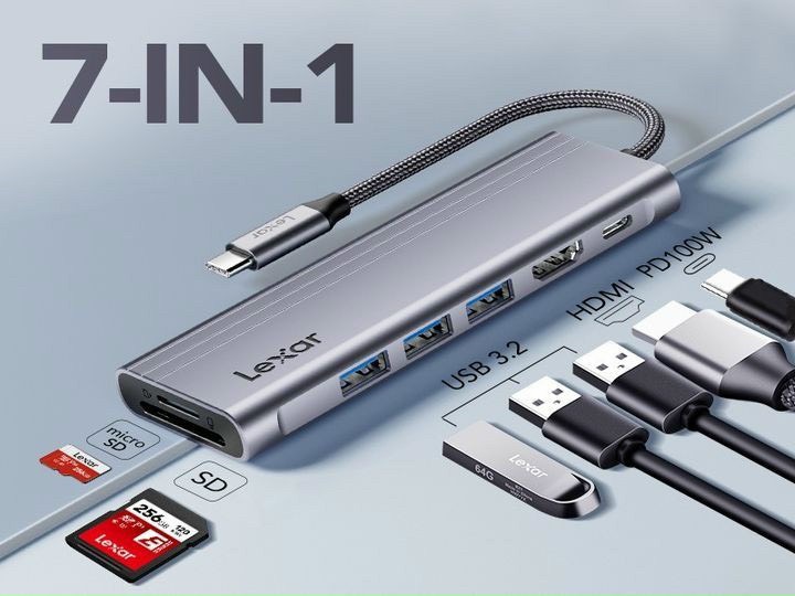 Bộ chia Lexar H31 7-in-1 USB-C Hub USB 3.2: cổng xuất hình HDMI 2.0 4K 60Hz, tốc độ lên đến 170 MB/s