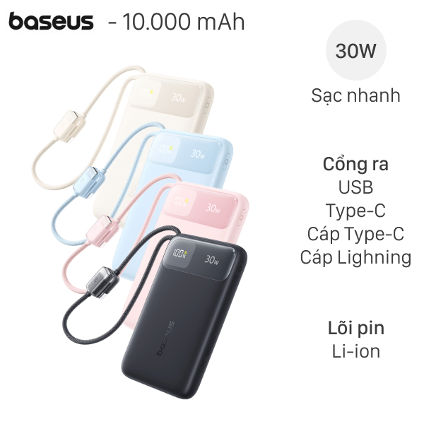 Pin Sạc Dự Phòng Baseus Comet Pro E0027X 10000mAh Type-C PD QC 3.0 30W – Kèm Cáp Lightning & Type-C
