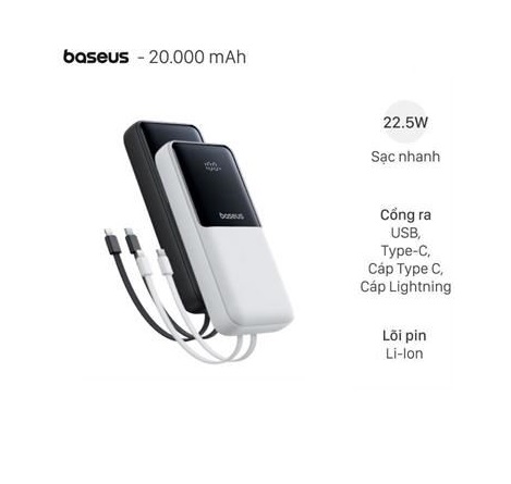 Pin Sạc Dự Phòng Baseus Lipow Dual-Cable 20000mAh 22.5W (Digital Display, With USB to C 3A 0.2m)