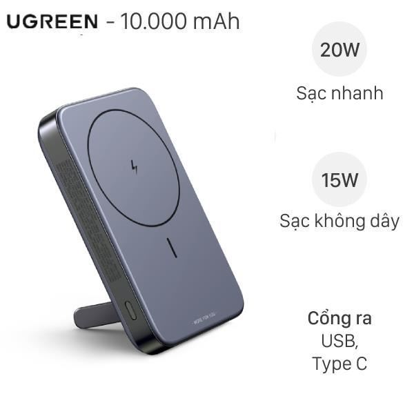 Pin sạc dự phòng Ugreen 10000mAh Không dây Magnetic Type C PD QC 3.0 20W PB206