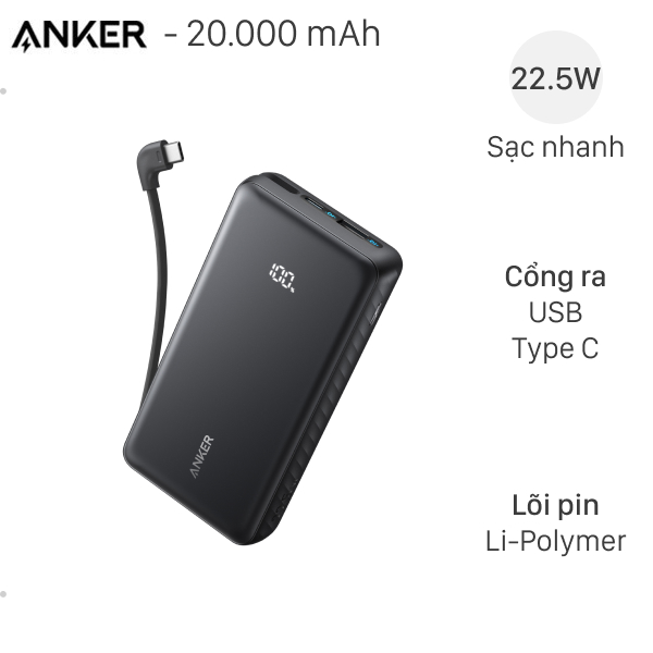 Pin dự phòng Anker 20000mAh A110E 22.5W tích hợp cáp USB-C