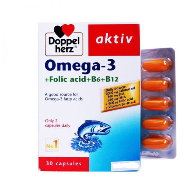 Viên uống bổ não Doppelherz Aktiv Omega-3+ Folic Acid + B6 + B12, hộp 30 viên