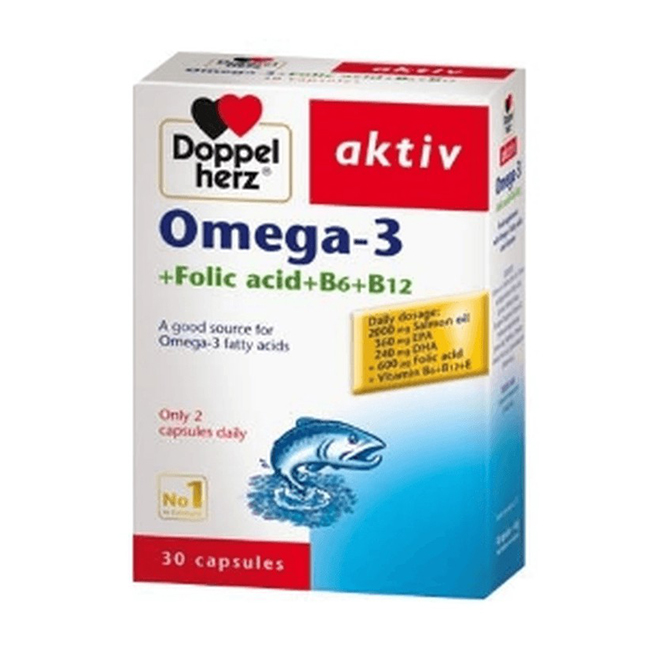 Viên uống bổ não Doppelherz Aktiv Omega-3+ Folic Acid + B6 + B12, hộp 30 viên