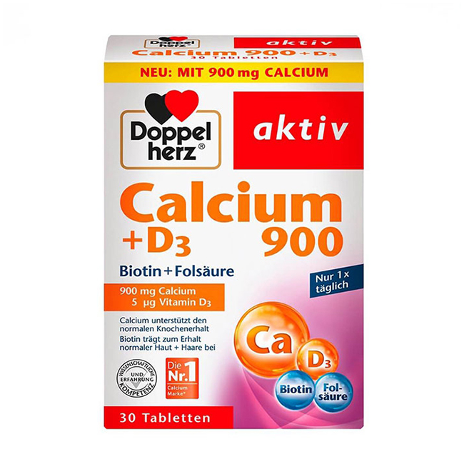 Viên uống Doppelherz Calcium + D3 900mg giúp cơ xương khoẻ mạnh, hộp 30 viên