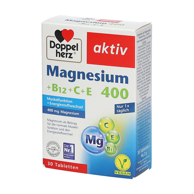 Viên uống Doppelherz Magnesium 400+B12+C+E, hộp 30 viên