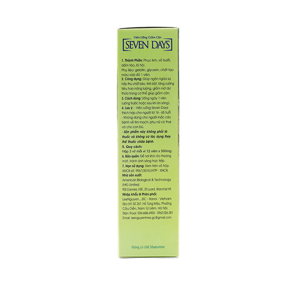 Viên uống giảm cân Seven Days, Hộp 3 vỉ x 12 viên
