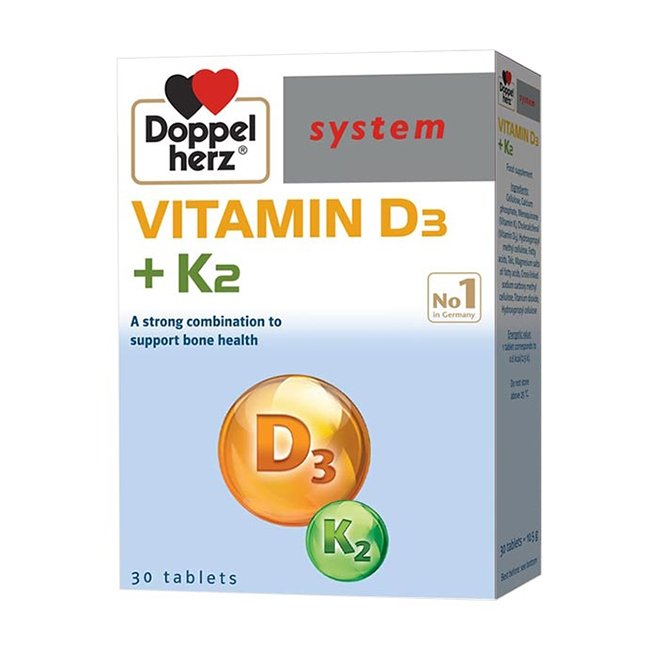 Viên uống Doppelherz vitamin D3+K2, hộp 30 viên