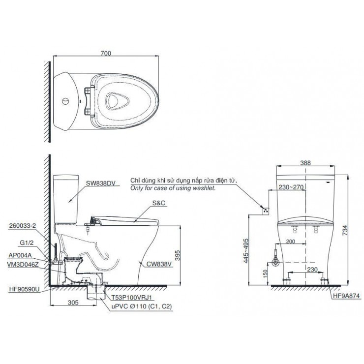 Bồn Cầu Điện Tử TOTO CS838CDW17 Nắp Rửa Washlet TCF23460AAA C2 Giấu Dây