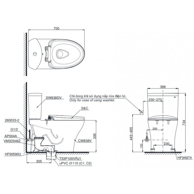 Bồn Cầu Điện Tử TOTO CS838DW6 Nắp Rửa Washlet