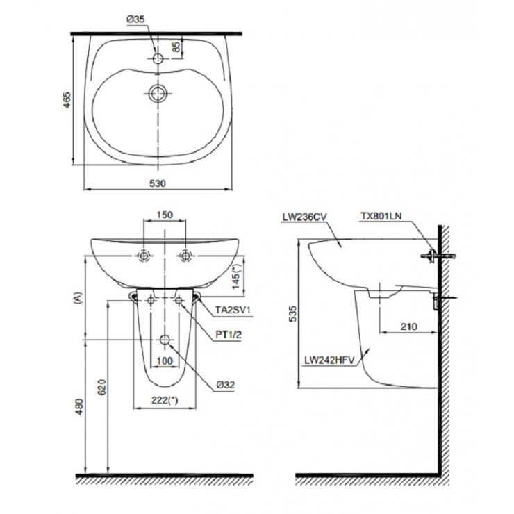 Chậu rửa Lavabo TOTO LHT236CS Treo Tường Chân Ngắn