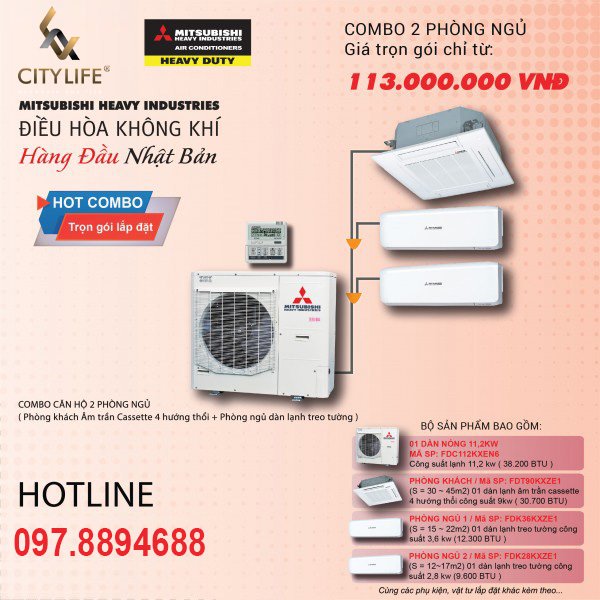 Combo điều hòa cho căn hộ 2 phòng ngủ: Hệ Mini KX: PK âm trần casette & 2 PN treo tường