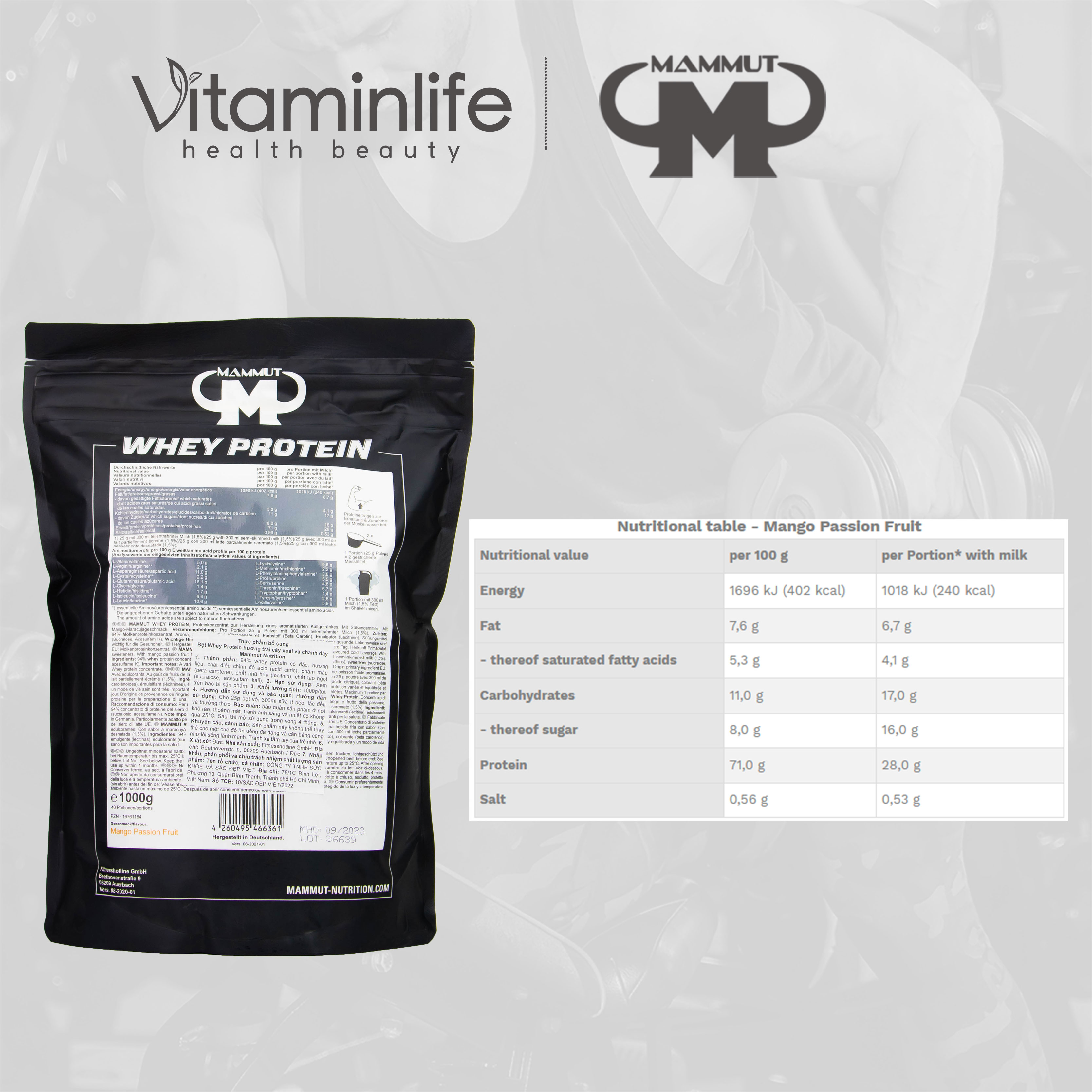 Bột Whey Protein hương trái cây xoài và chanh dây Mammut Nutrition - Túi zip 1000g