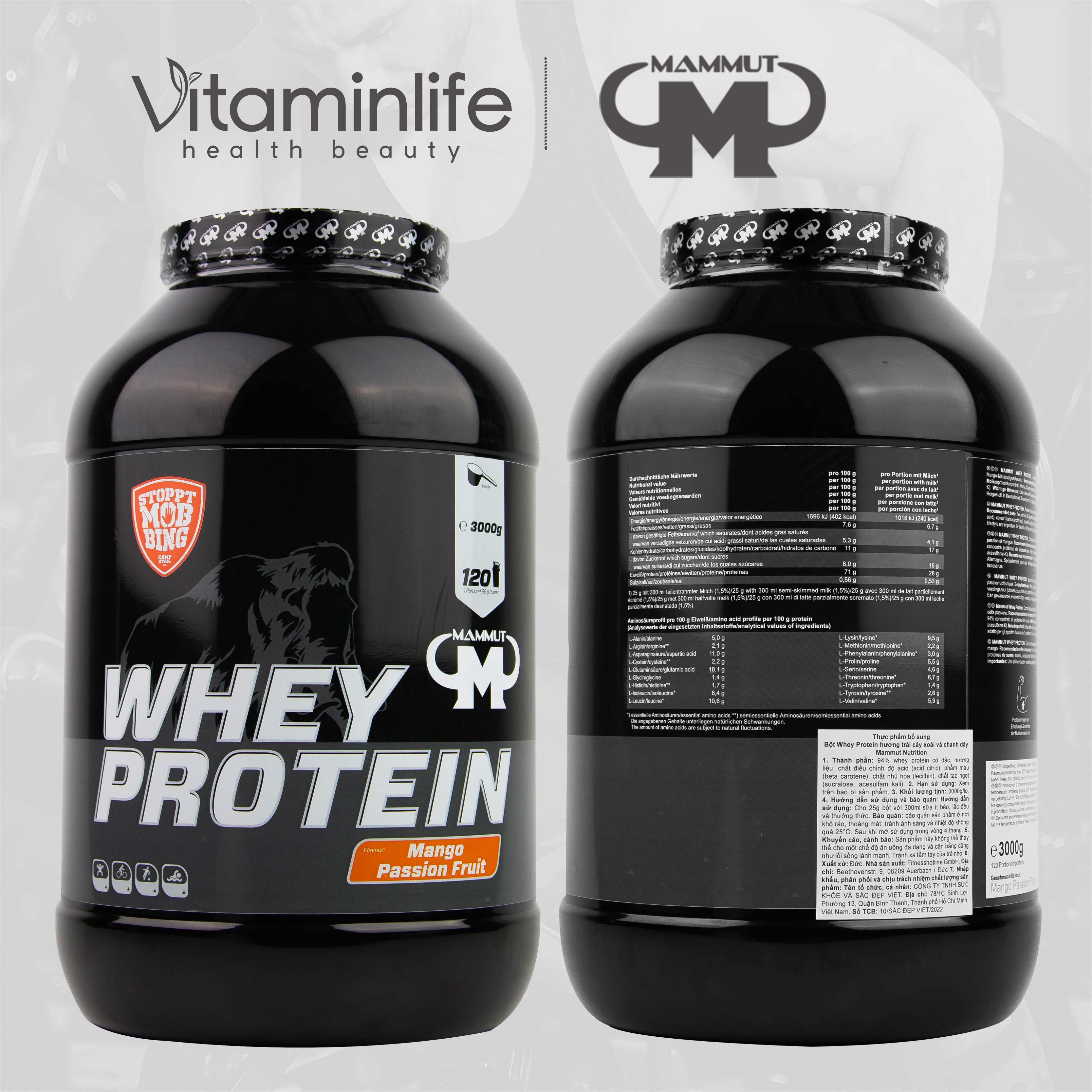 Bột Whey Protein hương trái cây xoài và chanh dây Mammut Nutrition 3000g