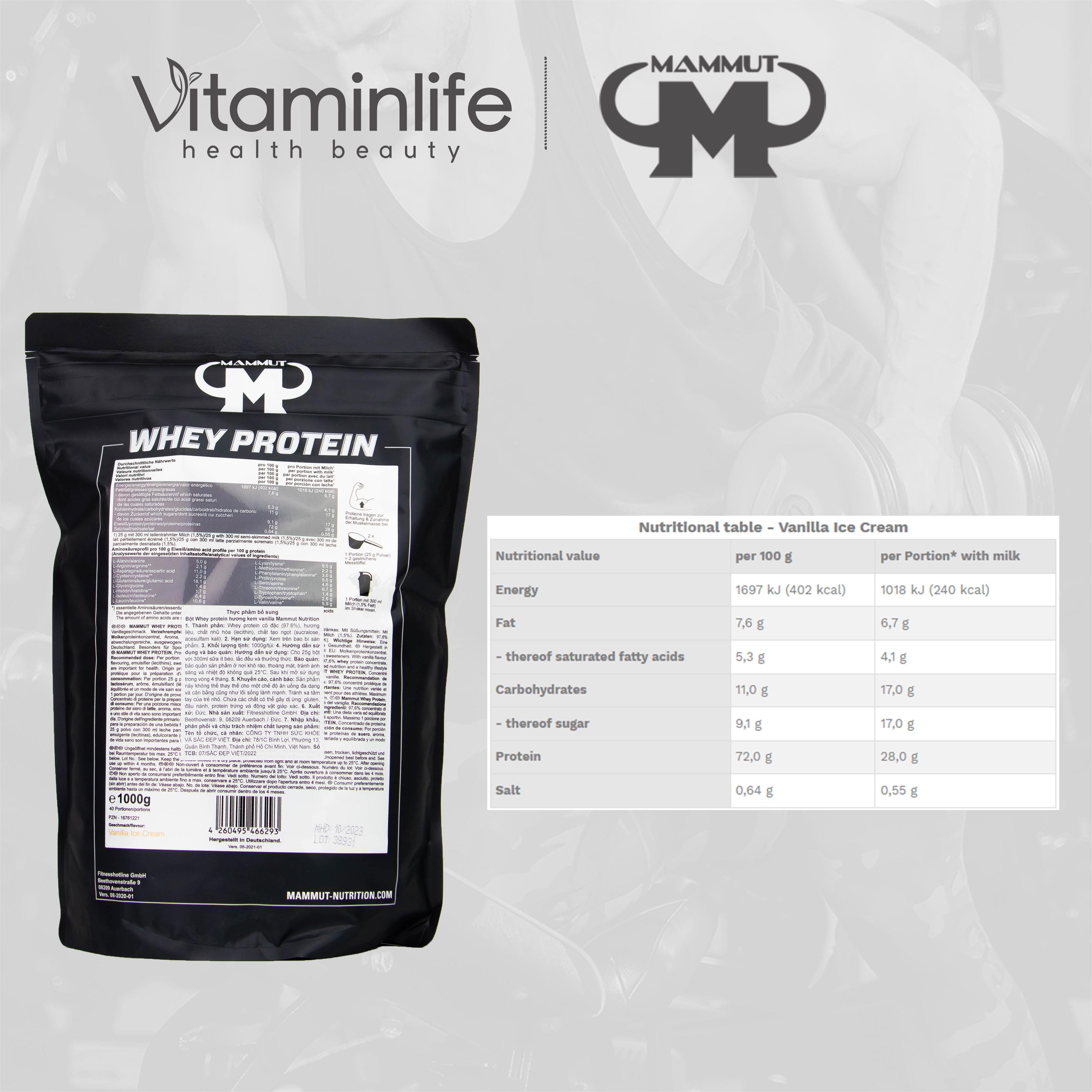 Bột Whey Protein hương kem vanilla Mammut Nutrition - Túi zip 1000g