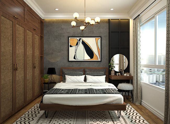 Mẫu nội thất phòng ngủ 11m2 với màu vàng nâu gỗ
