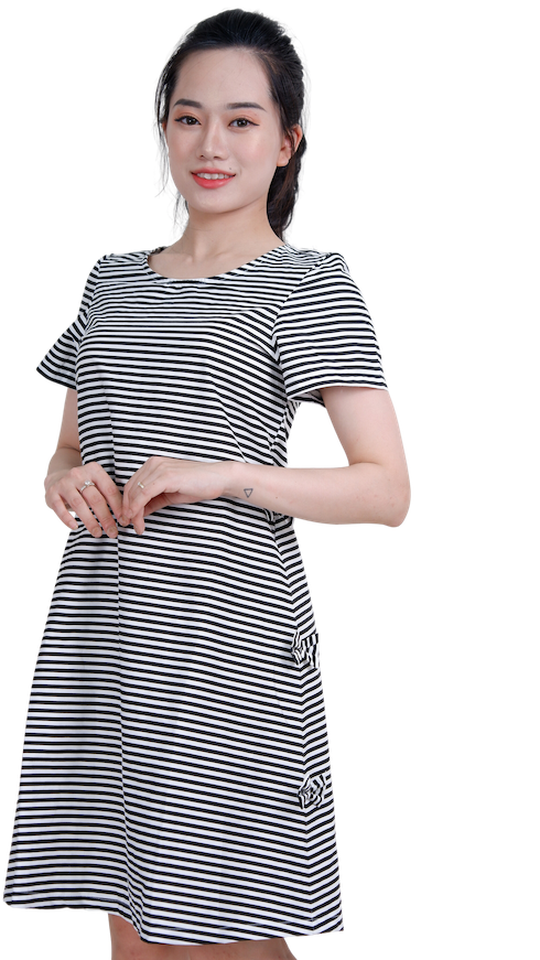 Đầm kẻ đính nơ-VLT4923