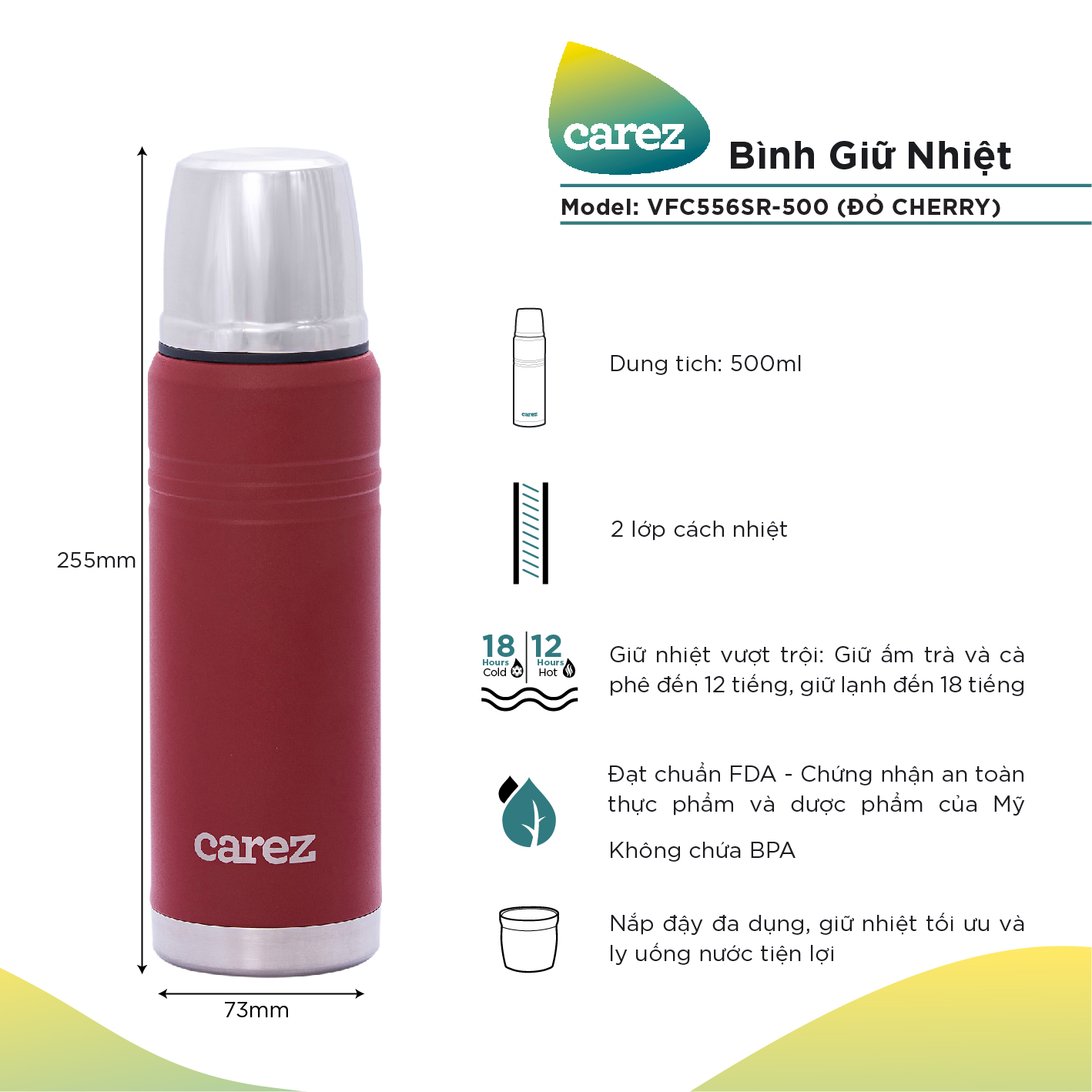 Bình giữ nhiệt Carez VFC556SR 500ml đỏ