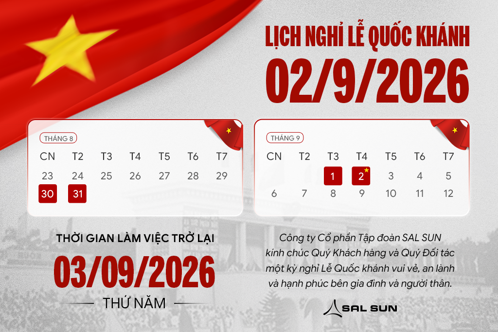 Công ty Cổ phần Tập đoàn SAL SUN thông báo lịch nghỉ Lễ Quốc khánh 02/9/2026