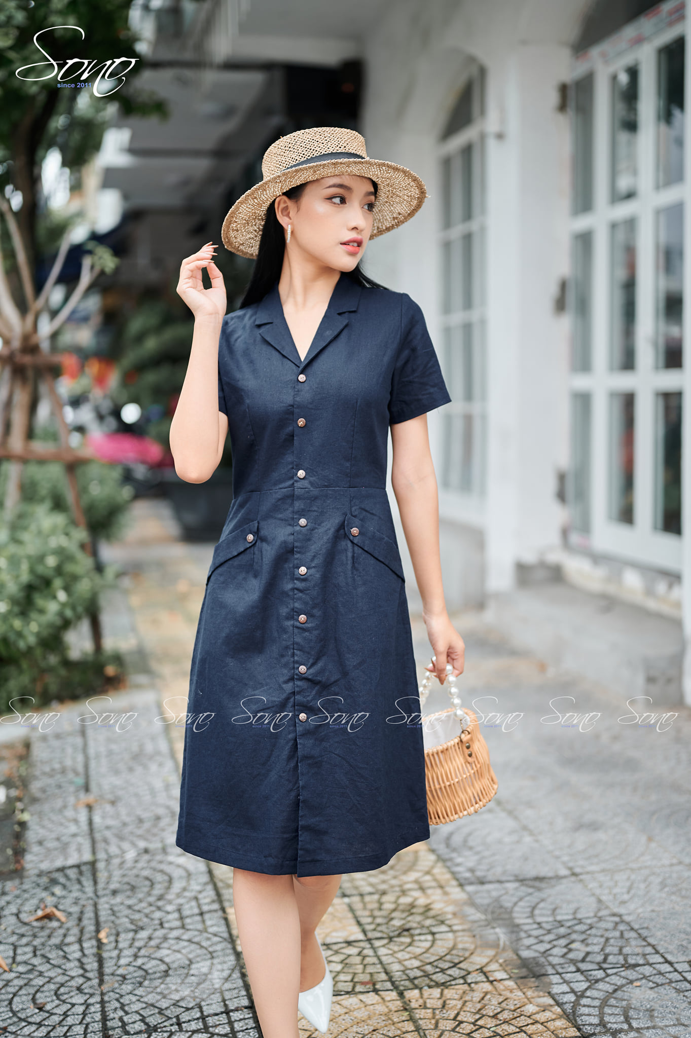 Đầm suông công sở linen cổ đức xanh than trẻ trung ArcticHunter, thời trang  thương hiệu chính hãng - Đầm suông | ThờiTrangNữ.vn