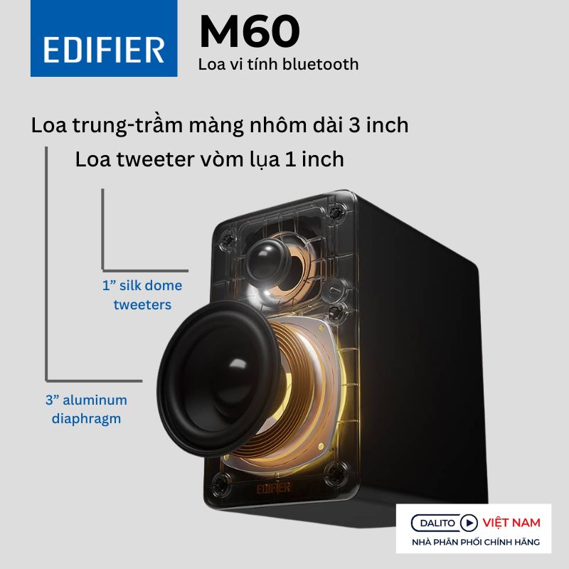 Edifier M60 cấu hình driver: 1” loa tweeter silk dome bằng lụa & 3” loa mid-bass aluminum